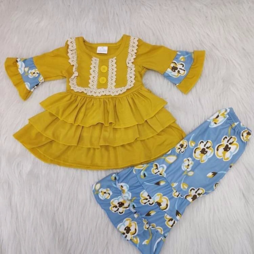 Floral Embroidered Ruffle Pants Set